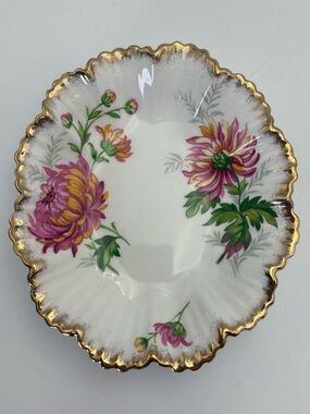 Vintage Fine Bone China Trinket Dish with Chrysanthemums and Gold Trim - England